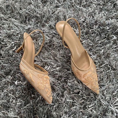 Luxury Brand High Heels Women Sandals Mesh Embroider Elegant Pointed Ladies Slingback Evening Party Wedding Bridal Dress Shoes.