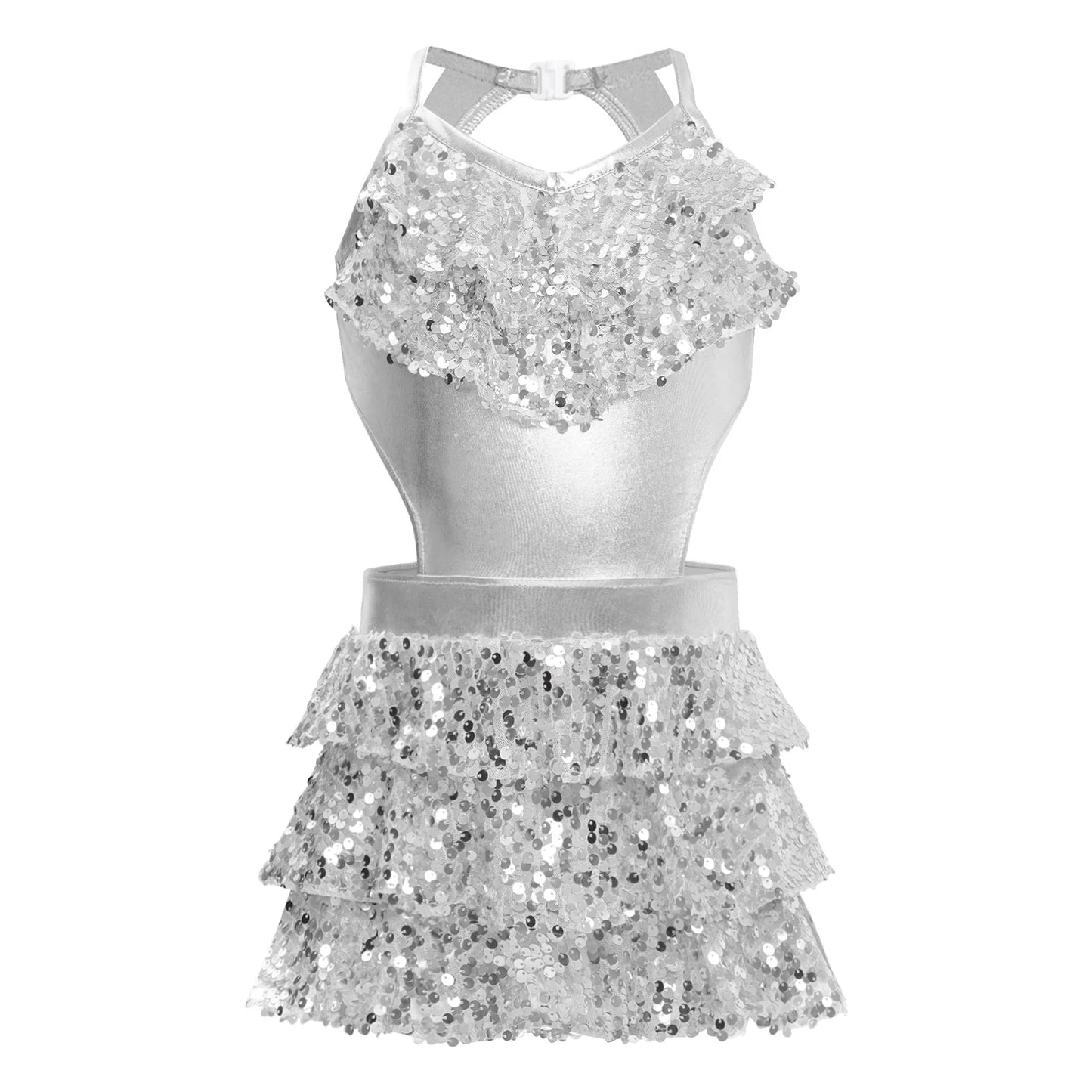 Kinder Mädchen Pailletten Jazz Ballett Tanzkleid Ärmellos Ausschnitt Tiered Rüschen Trikot Salsa Samba Rumba Skating Performance Kostüm