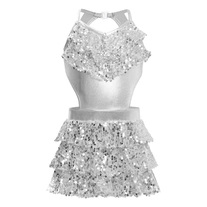 Kinder Mädchen Pailletten Jazz Ballett Tanzkleid Ärmellos Ausschnitt Tiered Rüschen Trikot Salsa Samba Rumba Skating Performance Kostüm