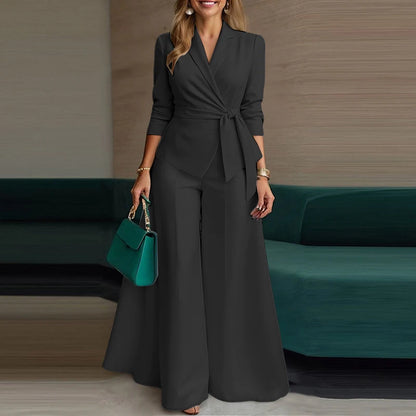 ZANZEA Elegant 2 Pieces Pant Sets Long Sleeve Belted Lightweight Blazer & Wide Leg Pant 2pcs Suits Office Lady Commuting Sets.