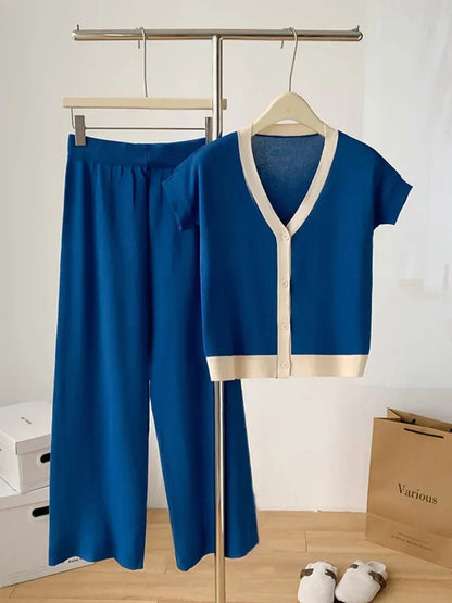 Fashion Knitted 2 Pieces Sets Women V-Neck Single Breasted Cardigan+High Waist Wide Leg Long Pants 2024 New Solid Sweater Suits.