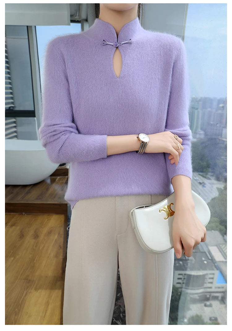 2024 autumn winter new 100% mink cashmere sweater women's pullover slim-fit long sleeve solid color stand collar bottom knitwear