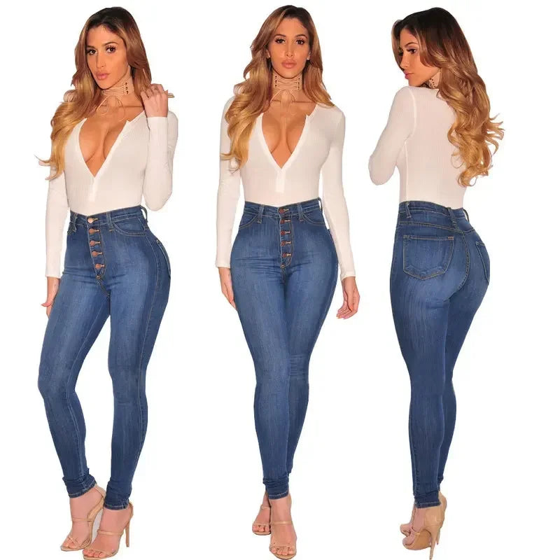 Women Jeans Wash Denim pant Sheath Ankle Length Pencil Pants Skinny Hot High Waist Slim Casual Basics Solid 2025 Button Pockets.