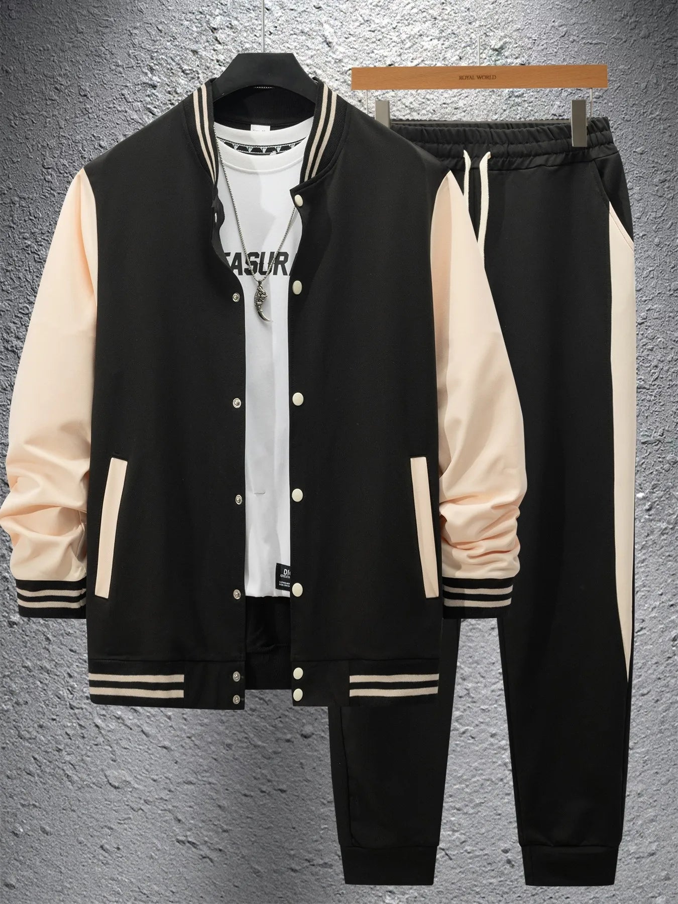 Men's new autumn and winter baseball jacket casual and versatile cardigan coat and color-block sport pants set.