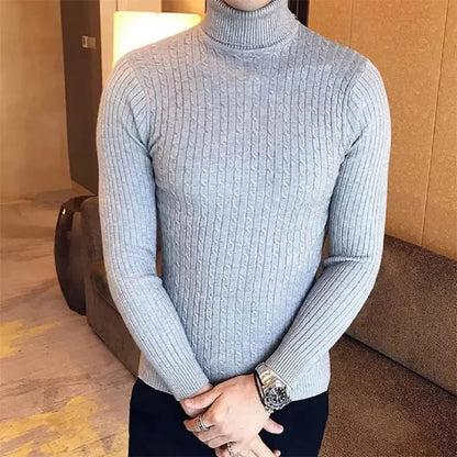 Autumn Winter Men's Sweater Warmth Turtleneck Jacquard Slim Fit Sweaters Solid Color Basic Style Fahion Knitted Pullovers.
