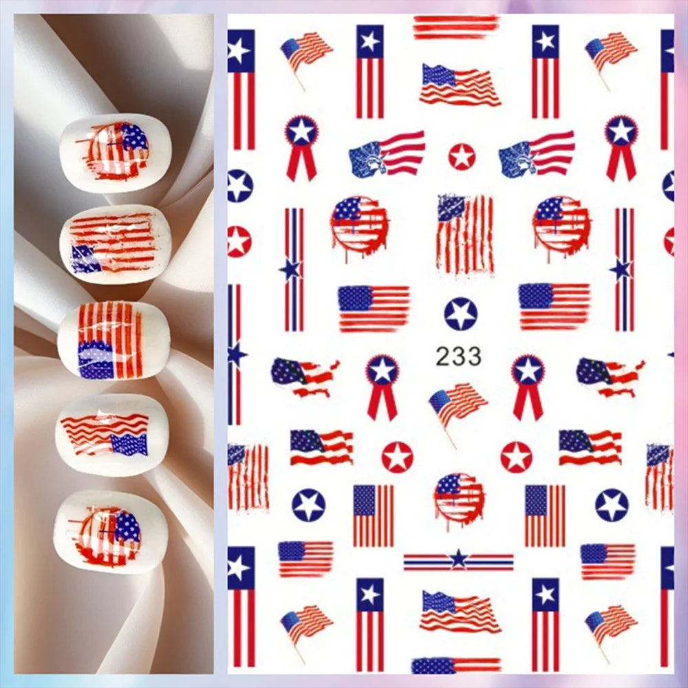 8Pcs/Set 3D USA Independence Day Nail Stickers America Flags Design Self-Adhesive Nail Art Decals DIY Manicure Decor Sliders &#.