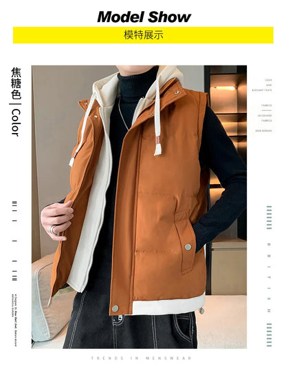Men Windproof Hooded Vest Men Jacket Sleeveless Vest Winter Jacket Casual Coat Men Down Cotton Warm Thicken Waistcoat Thick Coat.