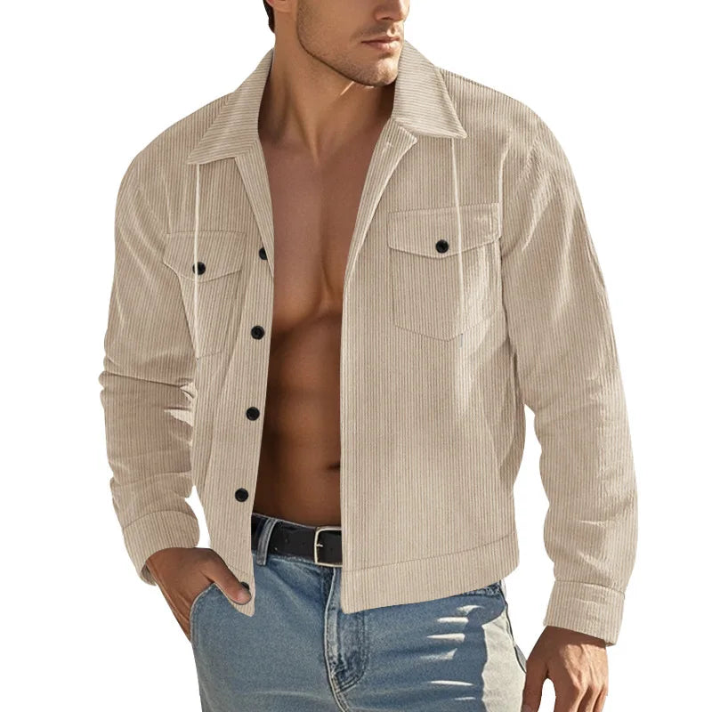 Men's Corduroy Jacket Stand-up Collar Slim Fit Retro Multi-pocket Workwear Commuter Coat for Spring And Autumn