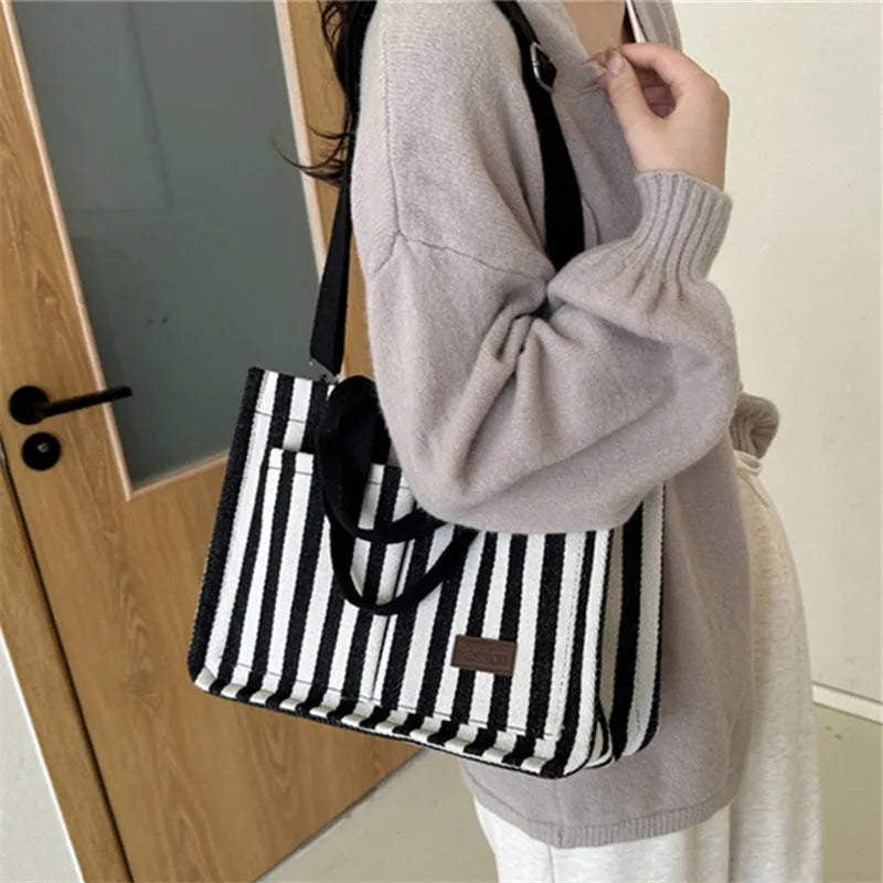 Cool Street Handbag, Large Capacity Women's Shoulder Bag, Trendy Striped Canvas Crossbody Bag, Fashion Travel Shopping Tote Bag