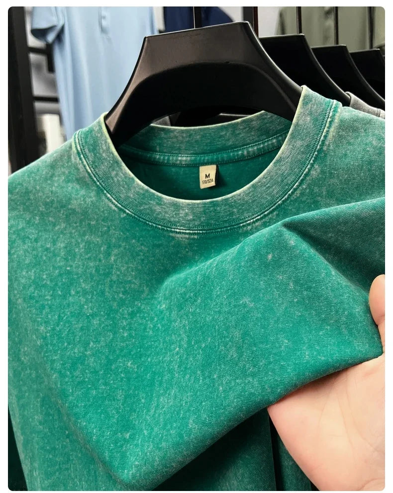 Personality washed vintage short sleeve T-shirt high-end 100% pure cotton men fashion round neck comfort lightweight casual top.
