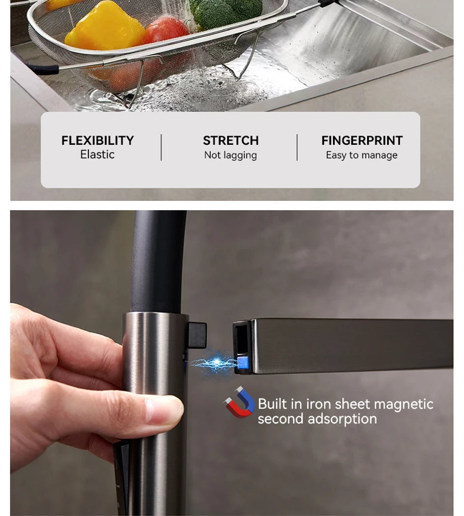 VGX Brushed Kitchen Faucet Sink Faucets Rubber Pull Down Stream Sprayer Taps Rotatable Kitchen Mixer Water Tap Hot Cold Crane