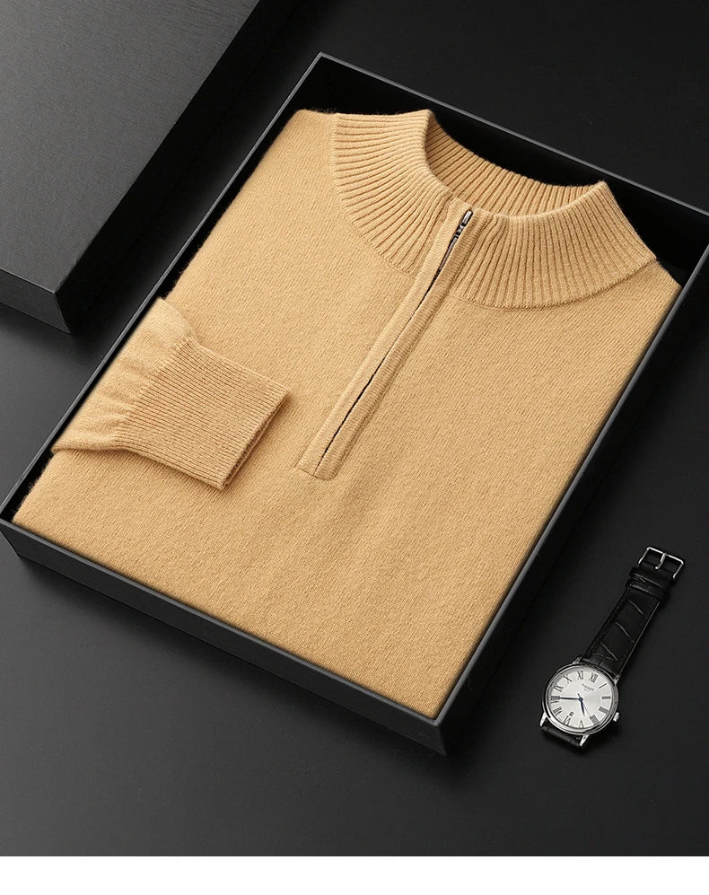 New Half Turtleneck Zipper Men's Pullover 100% Cashmere Sweater Solid Color Casual Versatile Wool Sweater Men's Clothing.