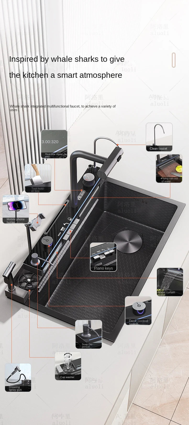 Kitchen 304 Stainless Steel Waterfall Sink, Large Single Slot, Digital Display Embossed Washing Basin Household Dishwashing Sink