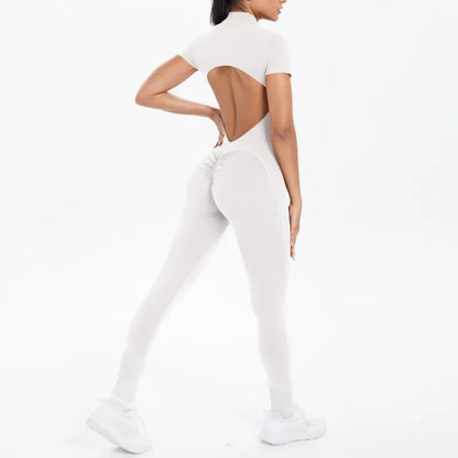 New Women's Yoga Jumpsuit Front Zipper Tight Back Hollow Out Short Sleeve-pants Activewear for Fitness Running Gym Workout.