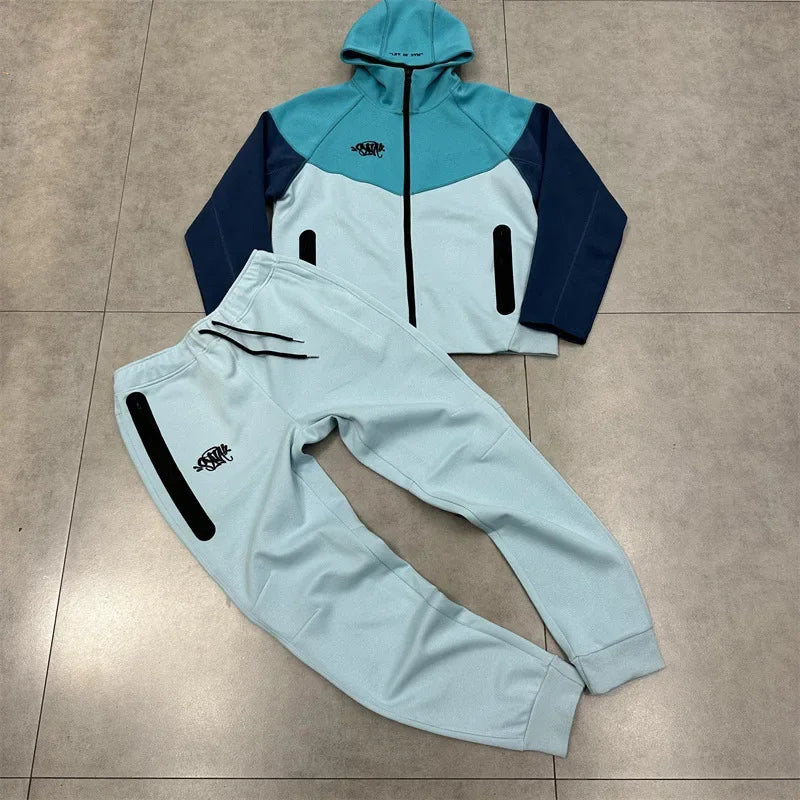 Casual Embroidered Fleece Lined Open Cardigan Hooded Zipper Pants Set for Men And Women Color Block Design by Syna.