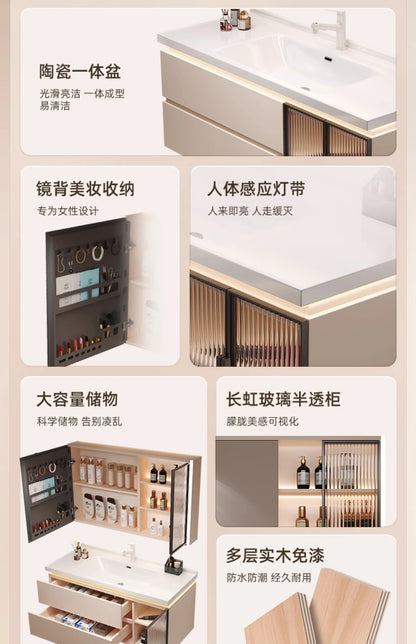 Cremefarbener Wind-Badezimmerschrank, integriertes Waschbecken aus Keramik, WC-Waschbecken-Kombination