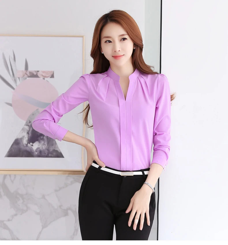 Chiffon Blouse Women Korean Fashion Women Clothing White Shirt  Long Sleeve Blouses V-neck Womens Tops Basic Shirts and Blouses