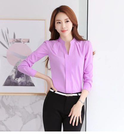 Chiffon Blouse Women Korean Fashion Women Clothing White Shirt  Long Sleeve Blouses V-neck Womens Tops Basic Shirts and Blouses