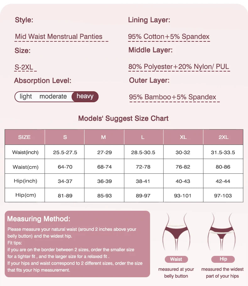 Mid-Waist Period Underwear for Women 4-Layer Anti-Leakage Super Absorbent Menstrual Panties for Daily Use Sports.