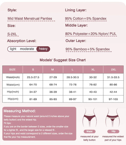 Mid-Waist Period Underwear for Women 4-Layer Anti-Leakage Super Absorbent Menstrual Panties for Daily Use Sports.