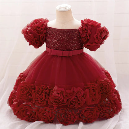 Kleinkind Rot Pailletten Mesh Kleid Mädchen Baby Einfarbig Neue Jahr Party Formale Kostüm Leistung Prinzessin Kleid Geburtstag Kleidung