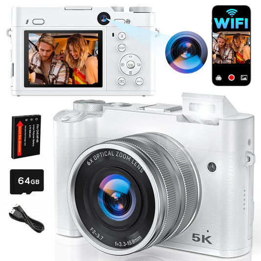 5K 64MP WiFi Digital Camera, 6X Optical Zoom, 30FPS Vlogging Camera, Rear & Front Cameras for Photography and Video, 64GB Card.