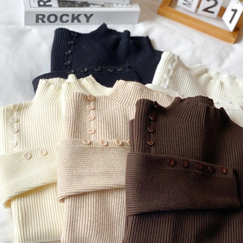 Langarm Beiläufige Dünne Pullover Mode Taste Grundlegende Gestrickte Tops Frauen Rollkragenpullover Koreanische Mode Einfache Chic Kleidung.