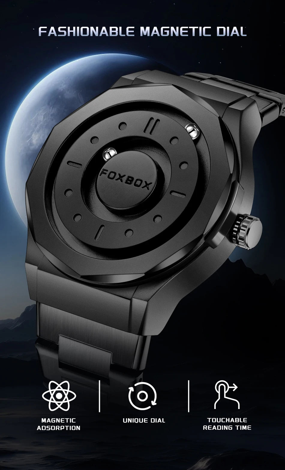 FOXBOX Creative Scrolling Pointer Magnetic Force Men's Quartz Wristwatches Outdoor Sports Waterproof Watch Men Relogio Masculino.