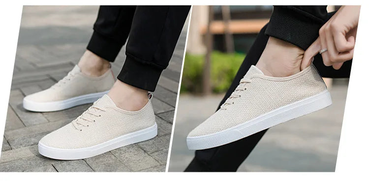 Men's Canvas Shoes Summer Breathable Lightweight Korean Style Shallow Mouth Loafers Non-slip Casual Lace Up Walking Sneakers.