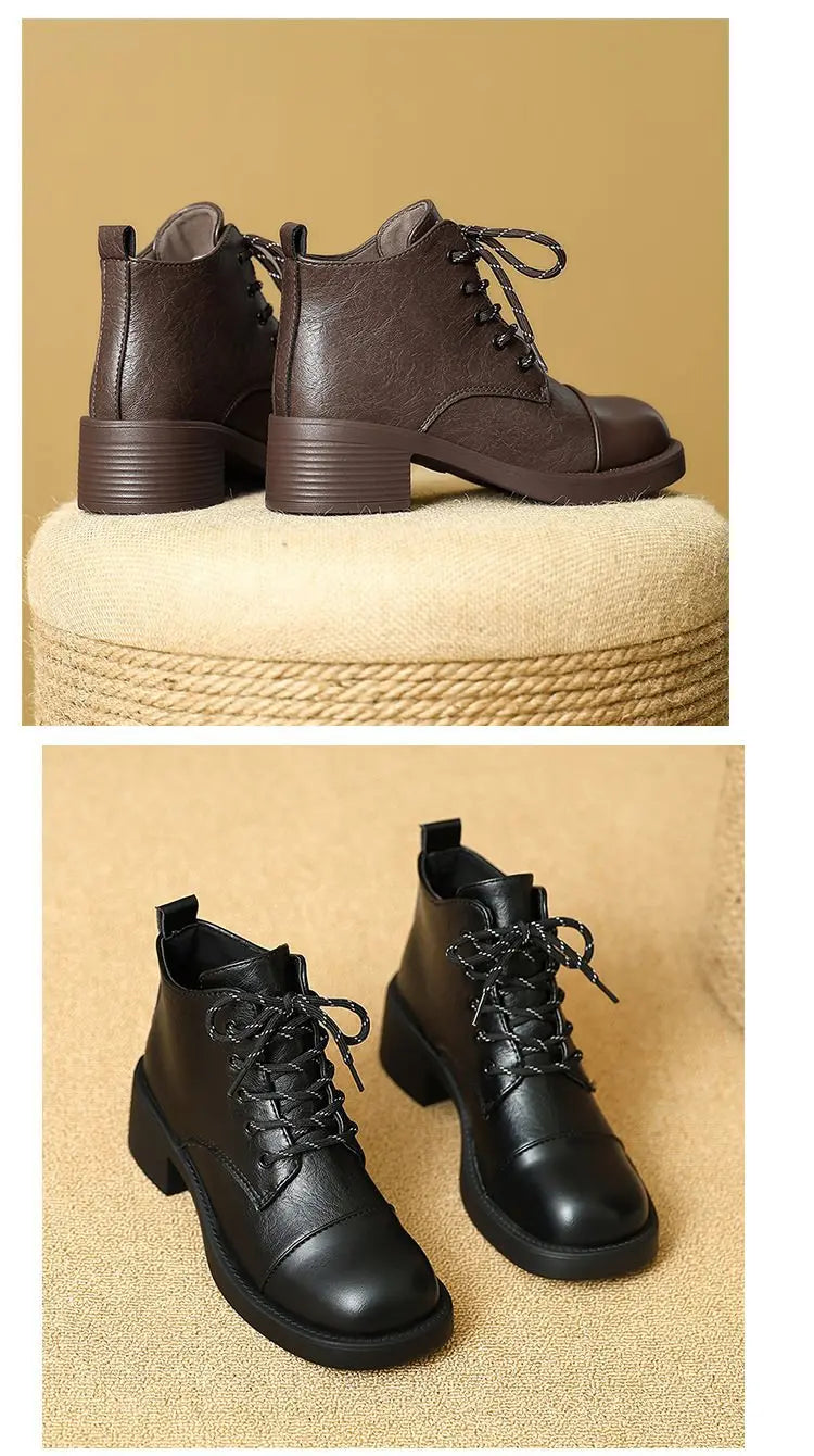 Women Short Boots 2025 Autumn Winter New Fashion Lace Up Vintage Middle Heel Shoes Outdoor Non Slip Height Increase Ankle Boots.