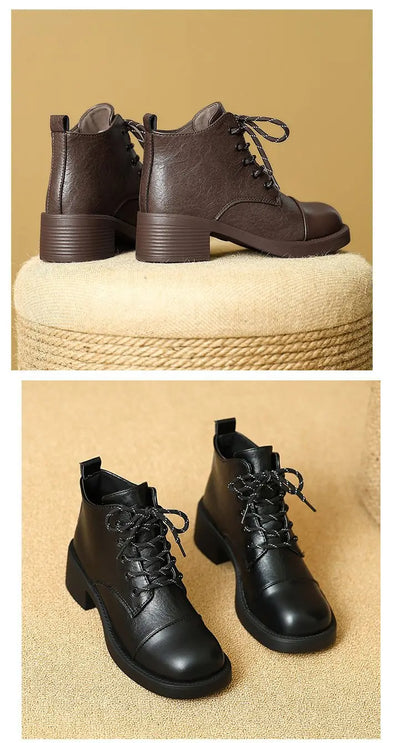 Women Short Boots 2025 Autumn Winter New Fashion Lace Up Vintage Middle Heel Shoes Outdoor Non Slip Height Increase Ankle Boots.