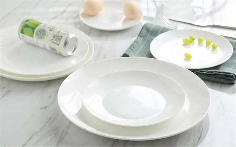 8 inch, plain white bone china vintage round deep plates, white ceramic tray, japanese style, dinner serving plate.