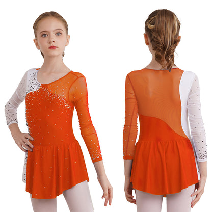 6-16Y Mädchen Eiskunstlauf Tanz Kleid Ballett Gymnastik Trikot Langarm Shiny Strass Sheer Mesh Leistung Dancewear