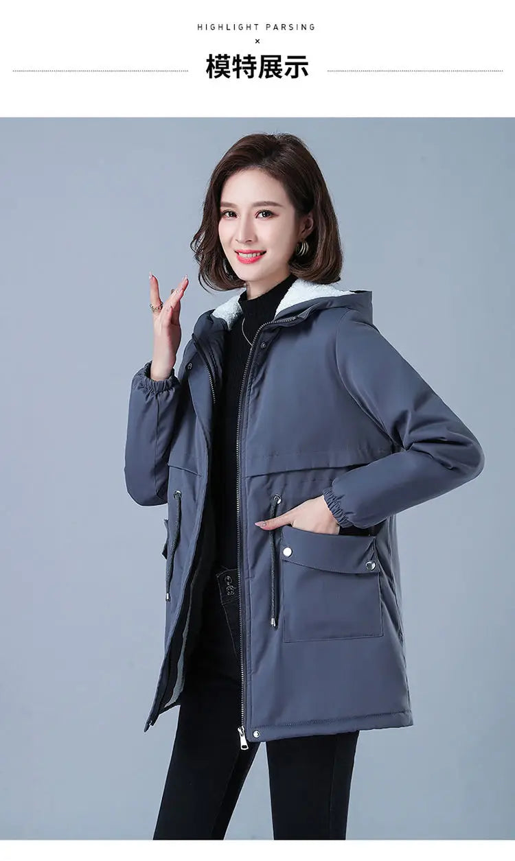 Fleece-gefütterte Kapuze, Daunenjacke, Wintermantel für Damen, warme, mit Kordelzug gepolsterte Parkas, mittellanger Mantel, Streetwear, gepolsterte Kleidung.