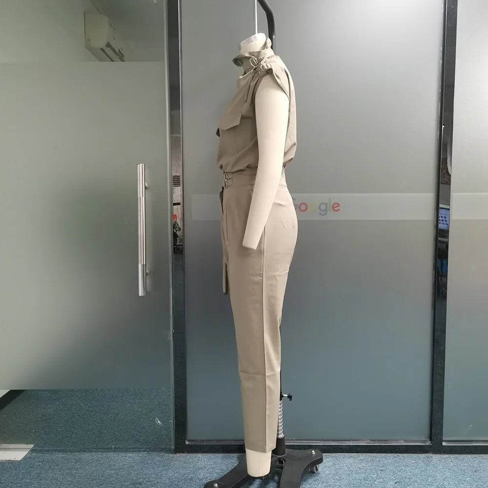 Spring Summer New Women's Clothing Personalized Shoulder Slimming Waist-Slimming Belt Decoration Blouse Top Pants Set.