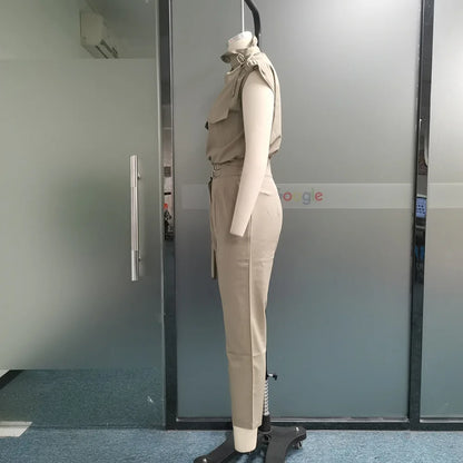 Spring Summer New Women's Clothing Personalized Shoulder Slimming Waist-Slimming Belt Decoration Blouse Top Pants Set.