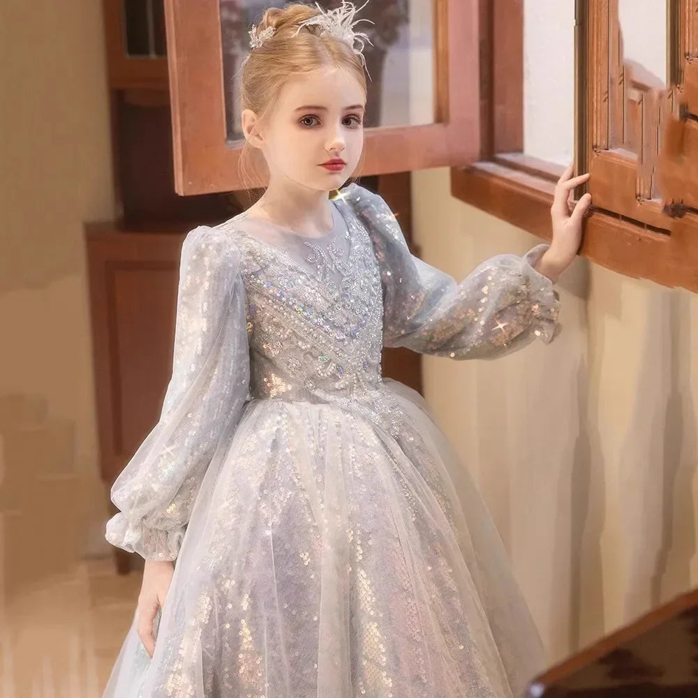 Mädchen Prinzessin Kleid Langarm Herbst Klavier Leistung Kleider Geburtstag Party Blumenmädchen Hochzeit Kinder Kleidung Abend.