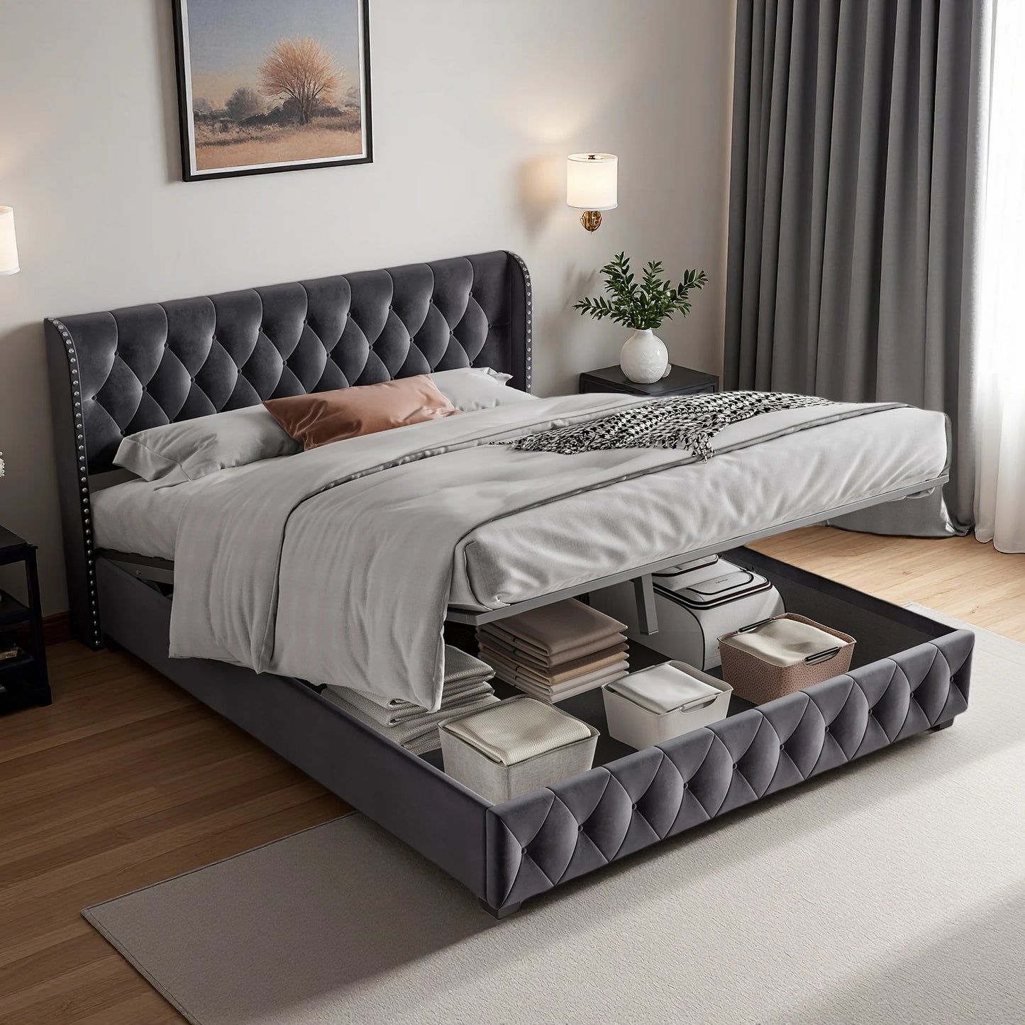 Rosahqnda Polsterbett 180 x 200 cm, hydraulisches Bett mit Aufbewahrungsfunktion, eleganter Bettrahmen im europäischen Stil, Erwachsene, Grau, Samt