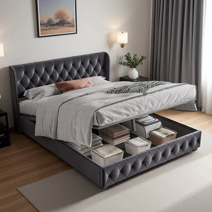 Rosahqnda Polsterbett 180 x 200 cm, hydraulisches Bett mit Aufbewahrungsfunktion, eleganter Bettrahmen im europäischen Stil, Erwachsene, Grau, Samt