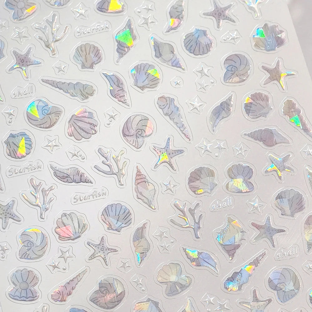 Ocean Theme 5D Nail Sticker Summer Beach Seashells Starfish Conch Scallop Shell Coral Self Adhesive Decoration Manicure Decal.