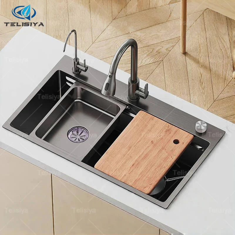 Gray Large Single Slot Stainless Steel Kitchen Sink Multifunctional Wash Dish Basin Nano Honeycomb Embossed Undermount Basin