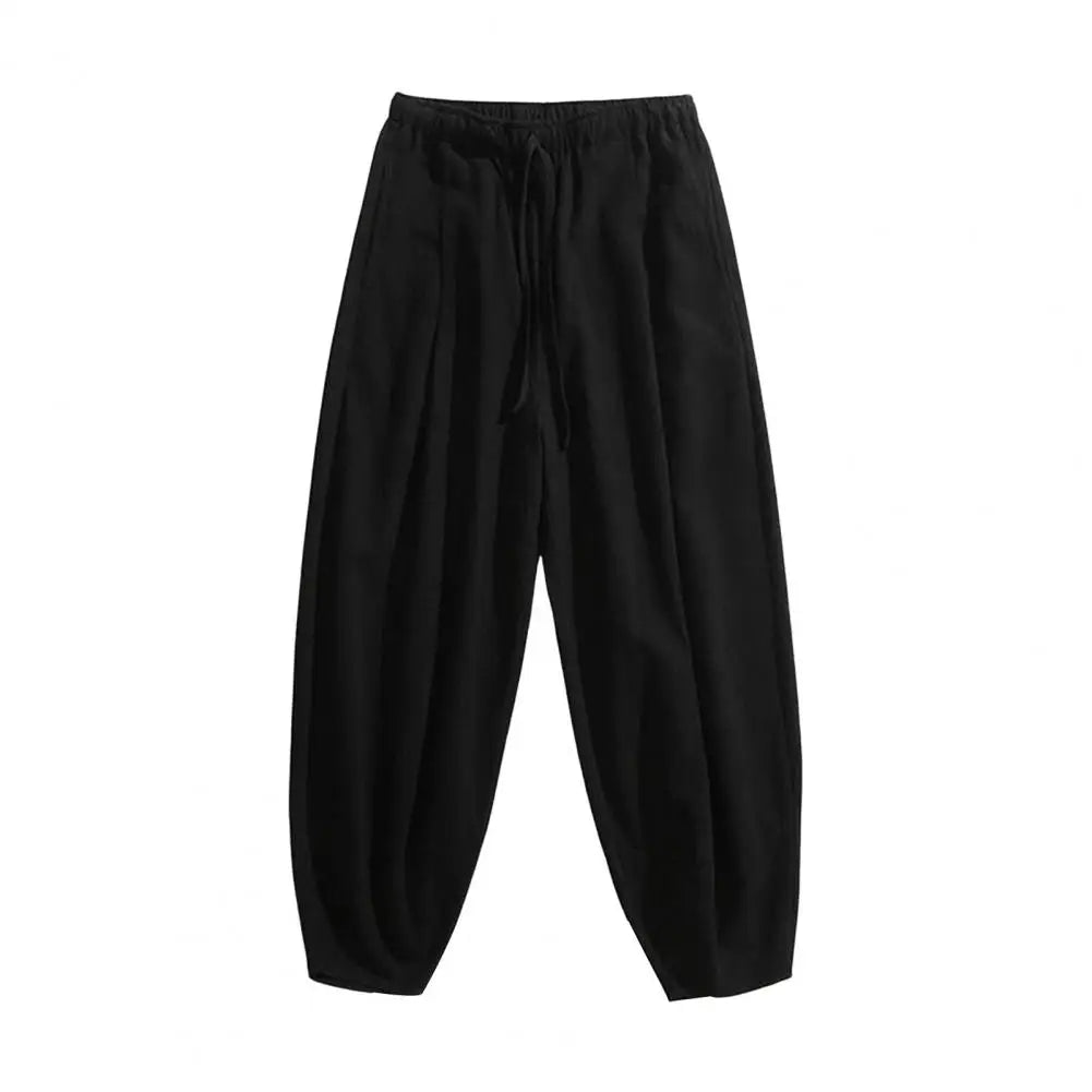 Men Cropped Trousers Men Casual Pants Men's Loose Straight Drawstring Ninth Pants with Elastic Waist Pockets Solid for Daily.