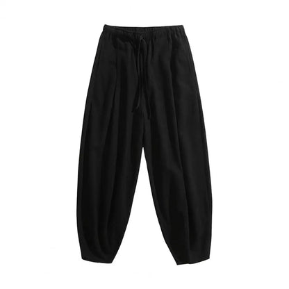 Men Cropped Trousers Men Casual Pants Men's Loose Straight Drawstring Ninth Pants with Elastic Waist Pockets Solid for Daily.
