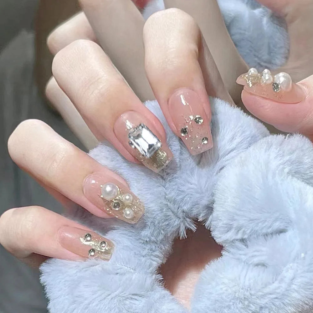 24Pcs Mid-Length Fake Nails 3D Flower Pearl Designs Nude Pink Color Press on Nails Ballerina False Nails for Women DIY Manicure.