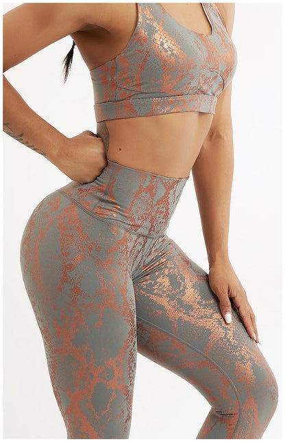 Snake Printed Yoga Pants Gilded Stretch Buttocks Sexy Casual Skinny Pants  For Women High Waist Elastic Fitness Sporty Leggings.
