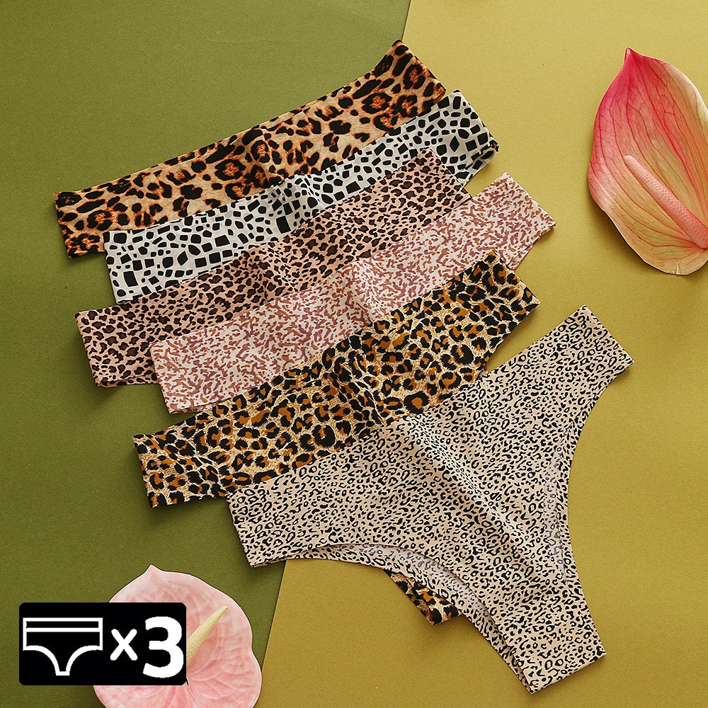 WarmSteps 3Pcs/Set Sexy Leopard Thongs Women's Panties Thongs 2024 New Female Underwear Seamless Printed Panties Ice Silk Briefs.