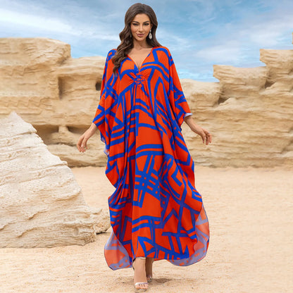 Kaftan-Kleider für Damen, Wellenhals-Badeanzug, Überwurf, Kaftan-Kleid, Übergröße, übergroßes langes Strandkleid