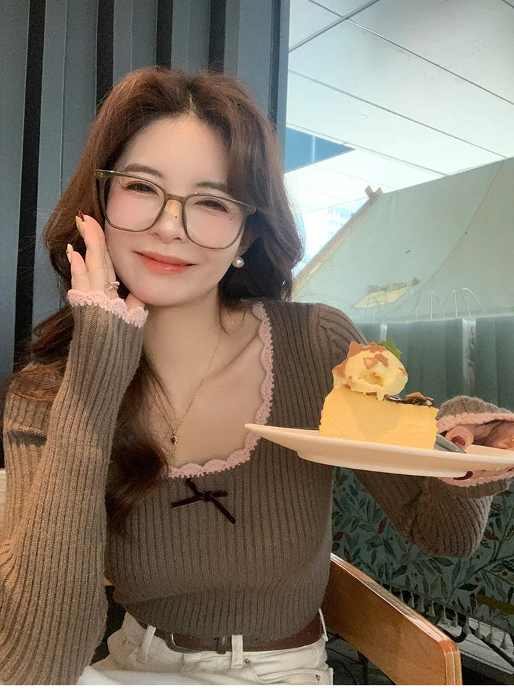 HOUZHOU Vintage Elegante Kokette Gestrickte Pullover Frauen Koreanischen Stil Cuteore Sexy Bogen Patchwork Quadrat Kragen Dünne Strickjacke 2025.