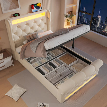 KOMHTOM Modernes Polsterbett Einzelbett 90x200cm mit LED-Leuchten, USB- und Typ-C-Anschlüssen, Hydraulisches Stauraumbett