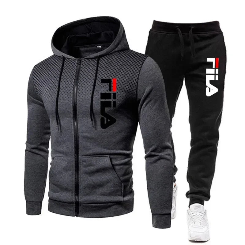 New men's casual jogging fitness fashion sports clothing set autumn and winter printed zipper hoodie + two sets of stretch pants.
